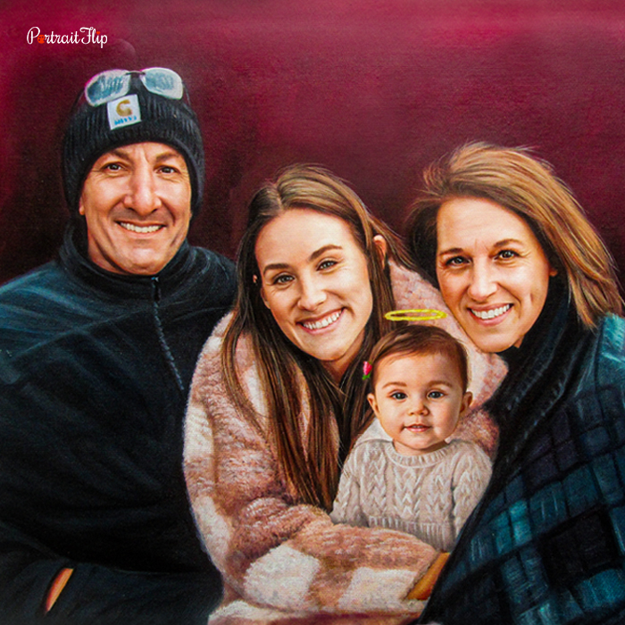 Acrylic portrait of a family with memorial halo